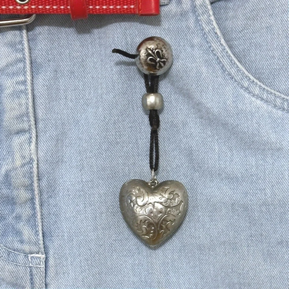 Handmade Upcycled Denim Jean Bag Red Studded Belt‎ Beaded Handles Heart Charm